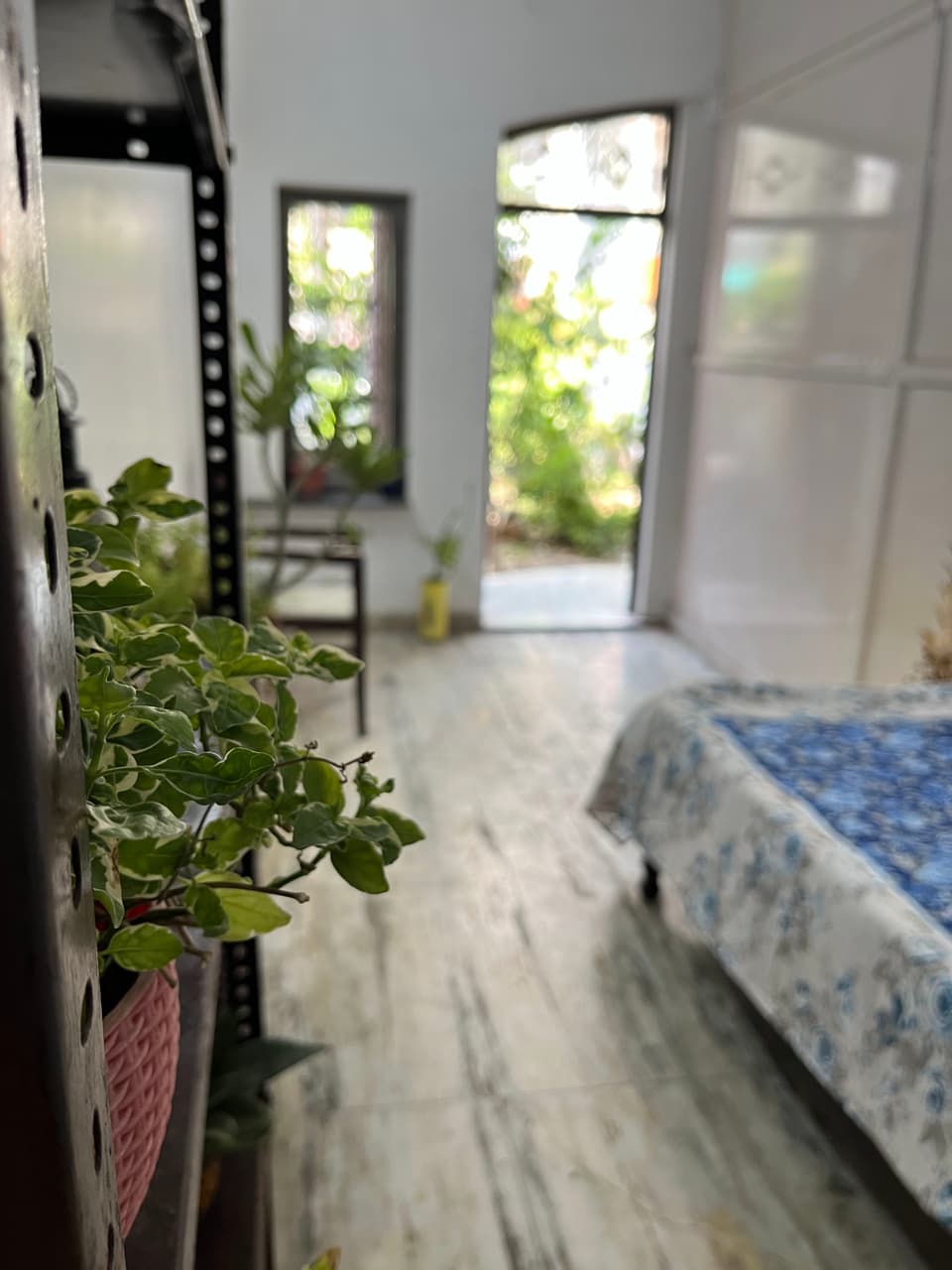 Bed, shelving, and floor space inside the garden-side room.