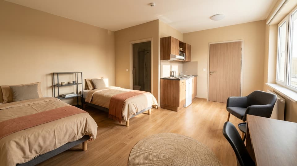 Share-ready studio with two single beds, compact kitchenette, and attached washroom door.