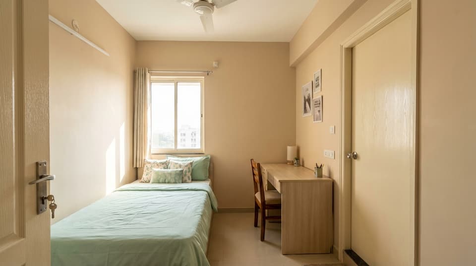 Sunlit single room with bed, desk, chair, and attached washroom door.